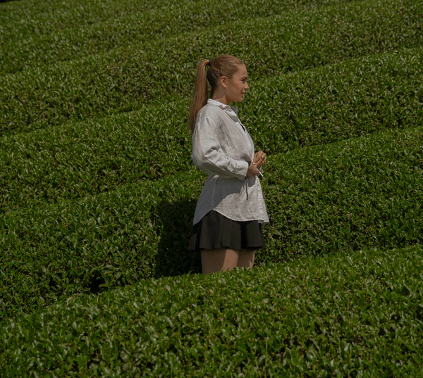 a girl in the matcha field